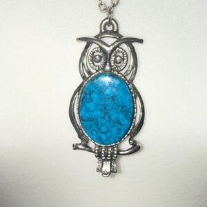 VINTAGE Fuller Owl Pendant Necklace Signed Silver Tone Metal Faux Turquoise